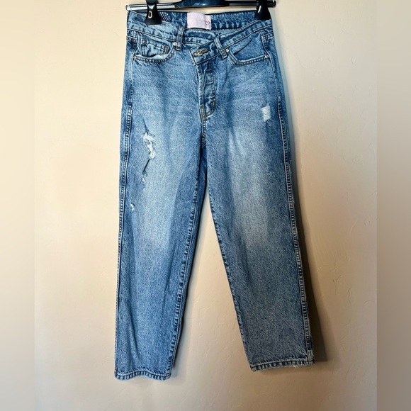 Revice Women's Size 27 Cross Over Distressed Straight Leg Denim Jean - Picture 1 of 10